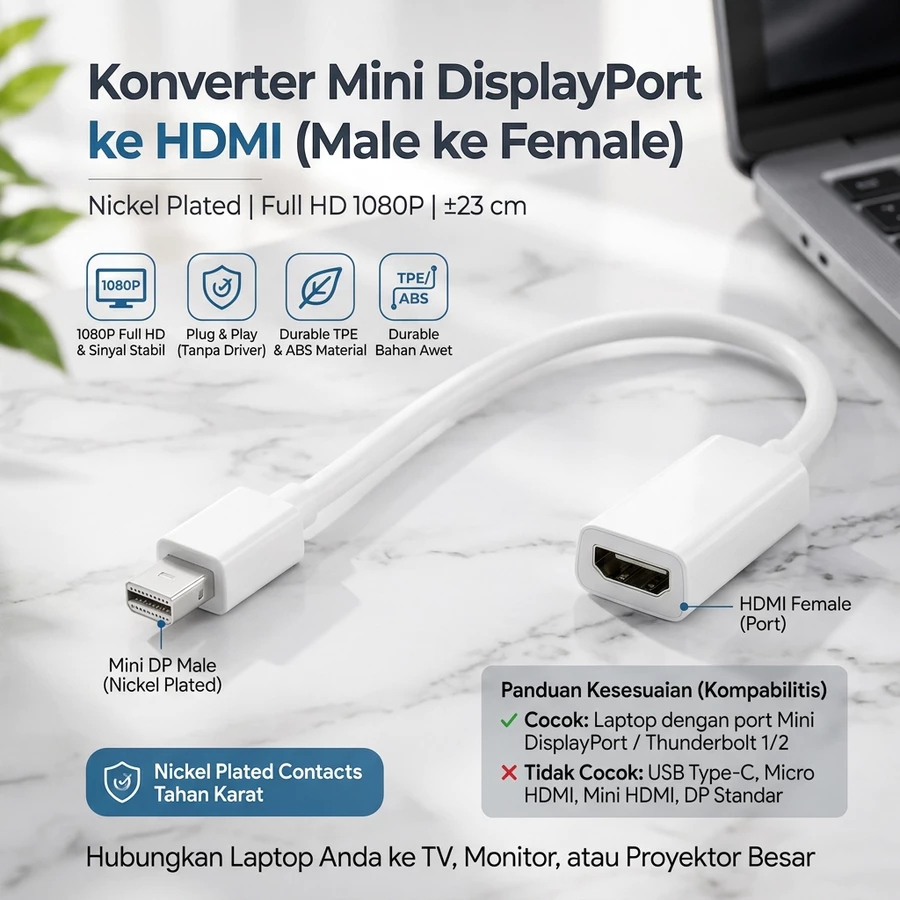 Kabel Konverter Mini DisplayPort (Male) to HDMI (Female) - Full HD 1080P